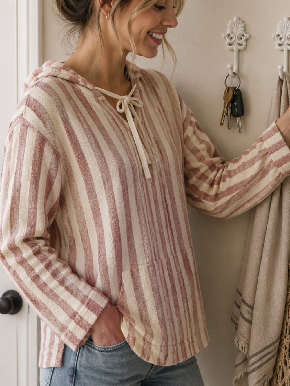 Pink and Cream Striped Hooded Pullover 100 % cotton